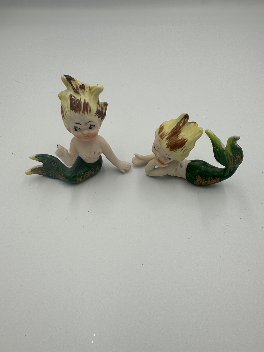 Vintage 1950's Pair Mid Century Bradley Wild Hair Ceramic Mermaid Rare Figurines
